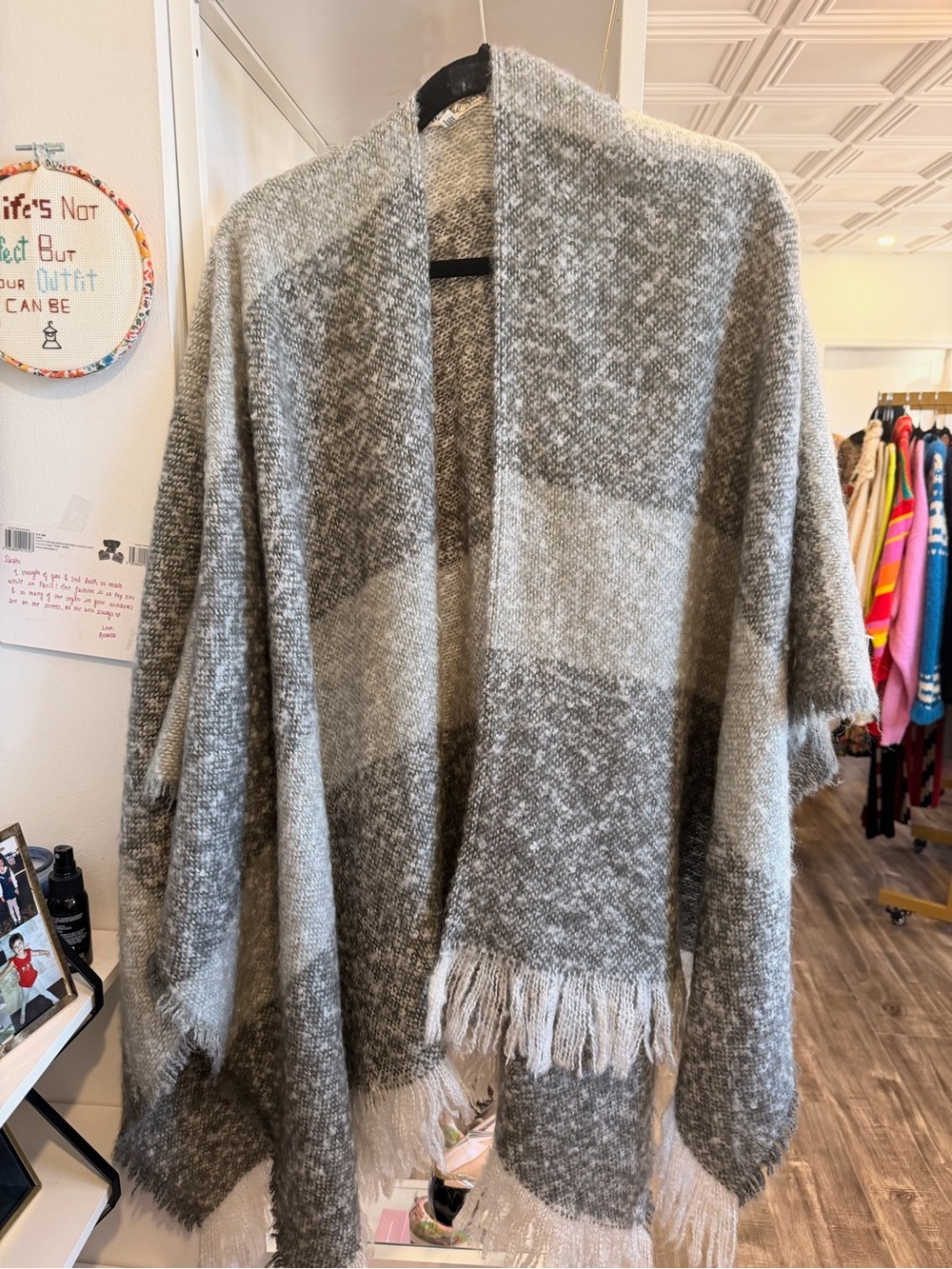 Michael Stars Gray Two-Tone Fringe Open-Front Shawl Poncho